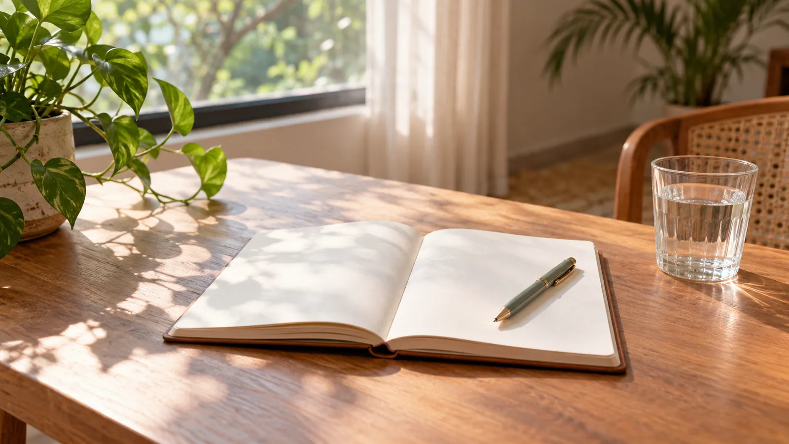 An open blank notebook and a pen on a wooden table beside a glass of water