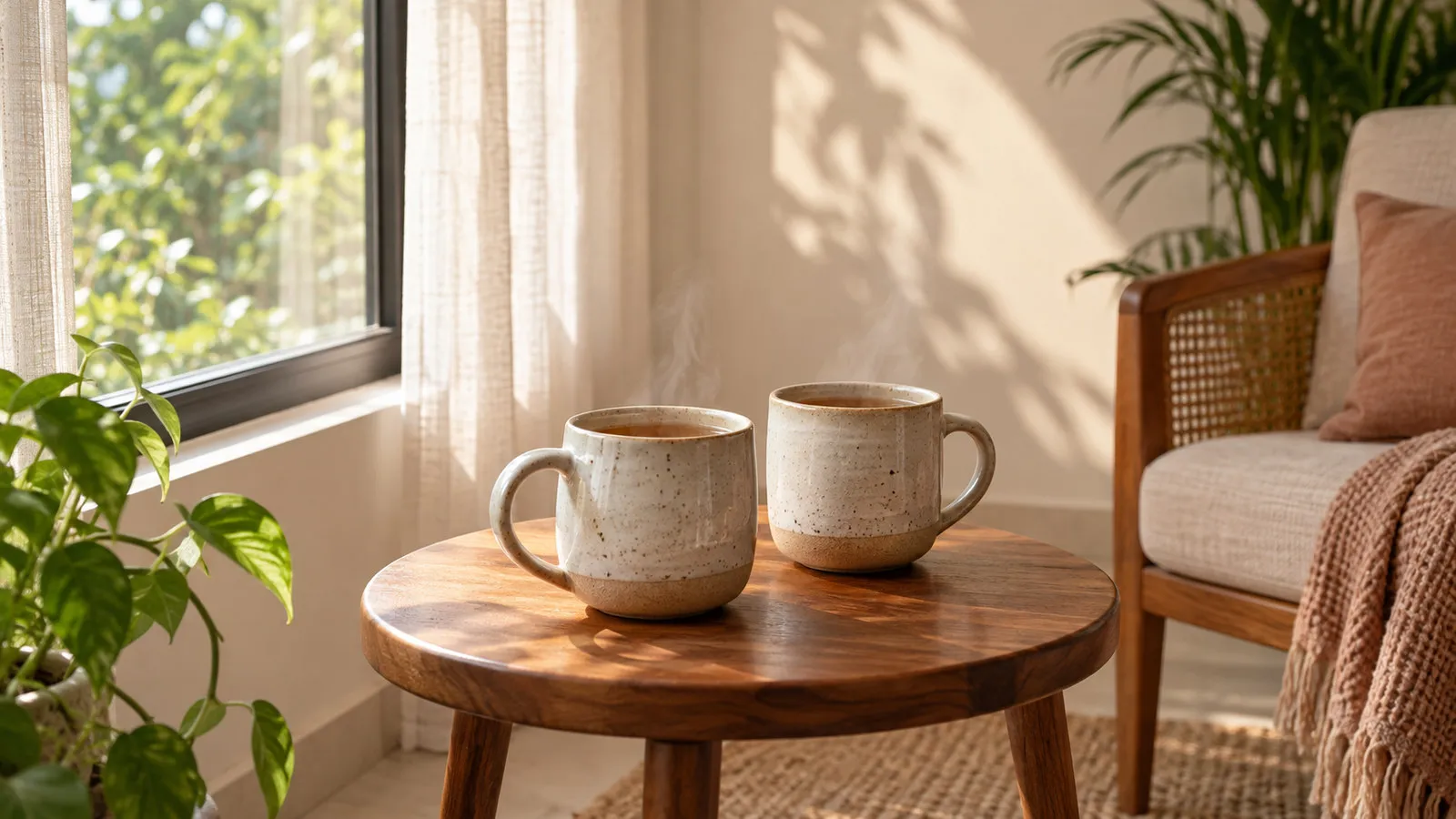 Two ceramic mugs of tea on a small wooden table by a window