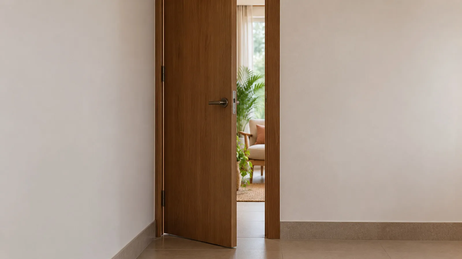 A wooden door open onto a softly lit room with an armchair