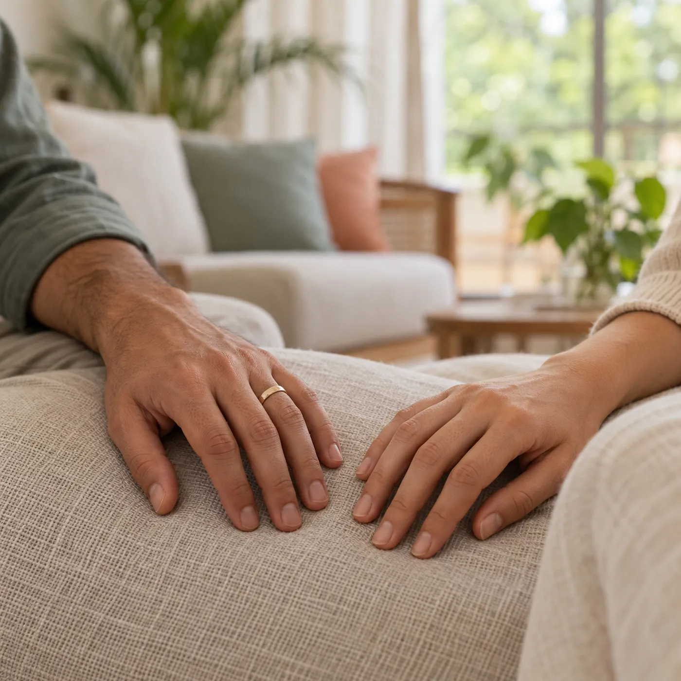Two hands resting near each other on a linen cushion