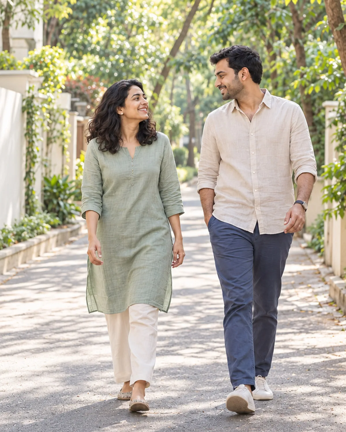 A couple walking together down a leafy, sunlit lane, smiling at each other