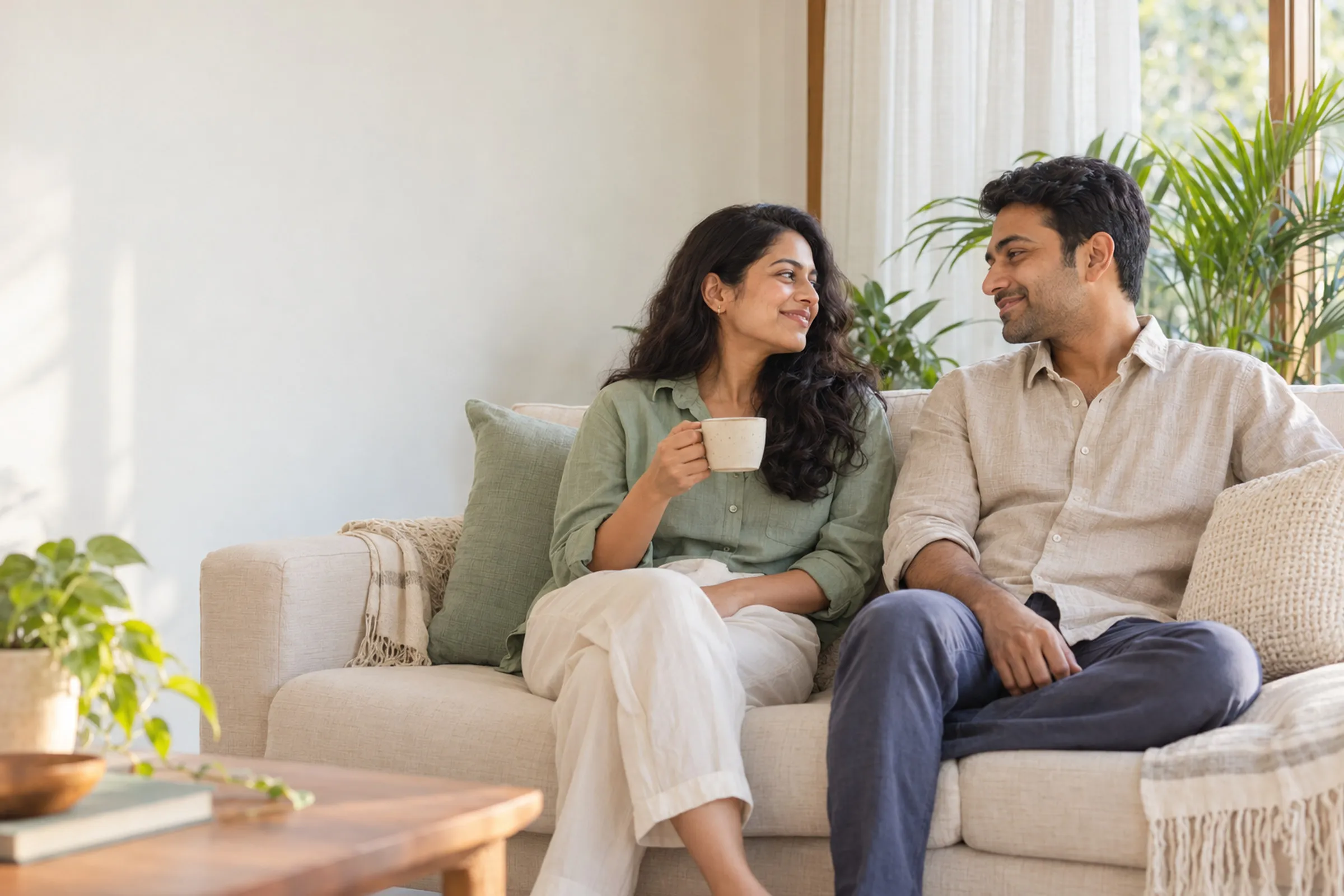 A relaxed couple smiling at each other on a sofa in a sunlit room, one holding a cup of tea