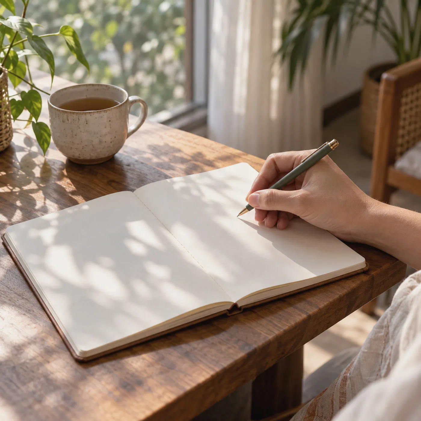A hand with a pen resting on a blank notebook beside a cup of tea