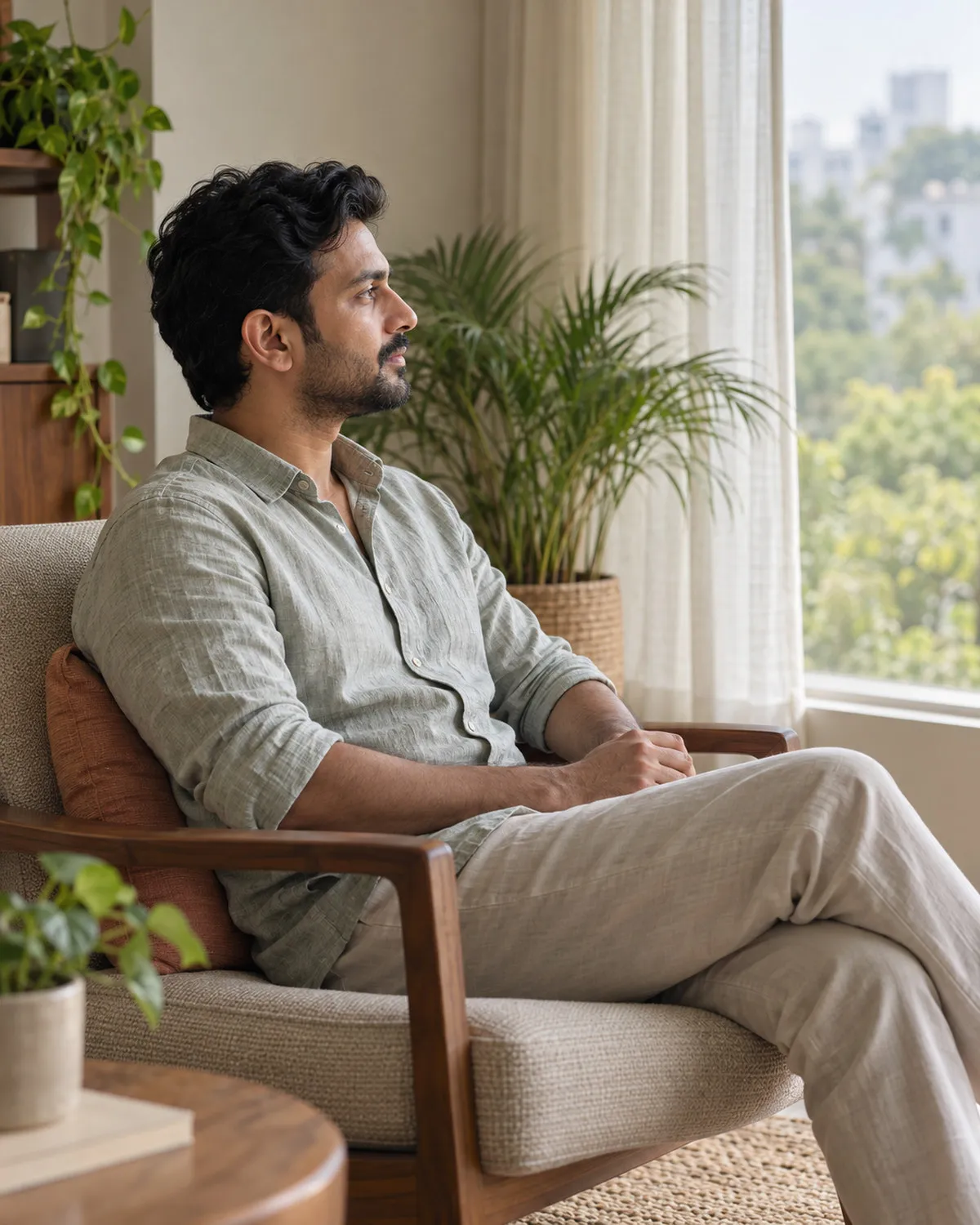 A man sitting calmly in an armchair by a window