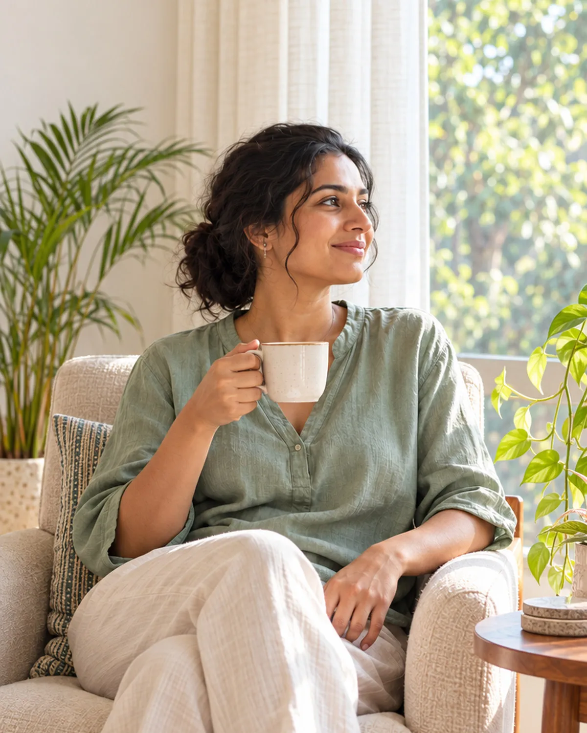 A woman relaxing in an armchair by a sunny window with a cup of tea, smiling softly