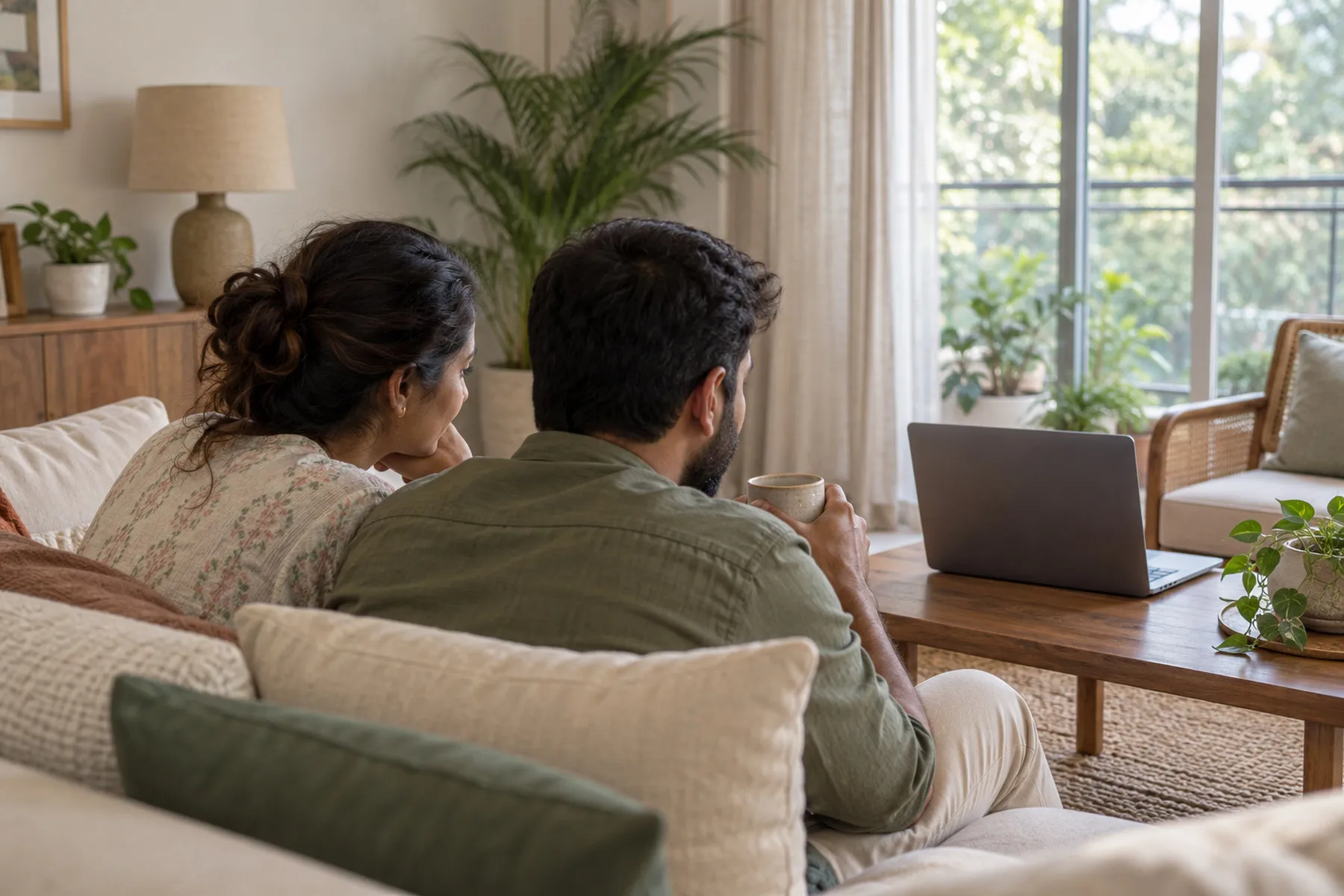 A couple on a sofa at home, facing a laptop on the table