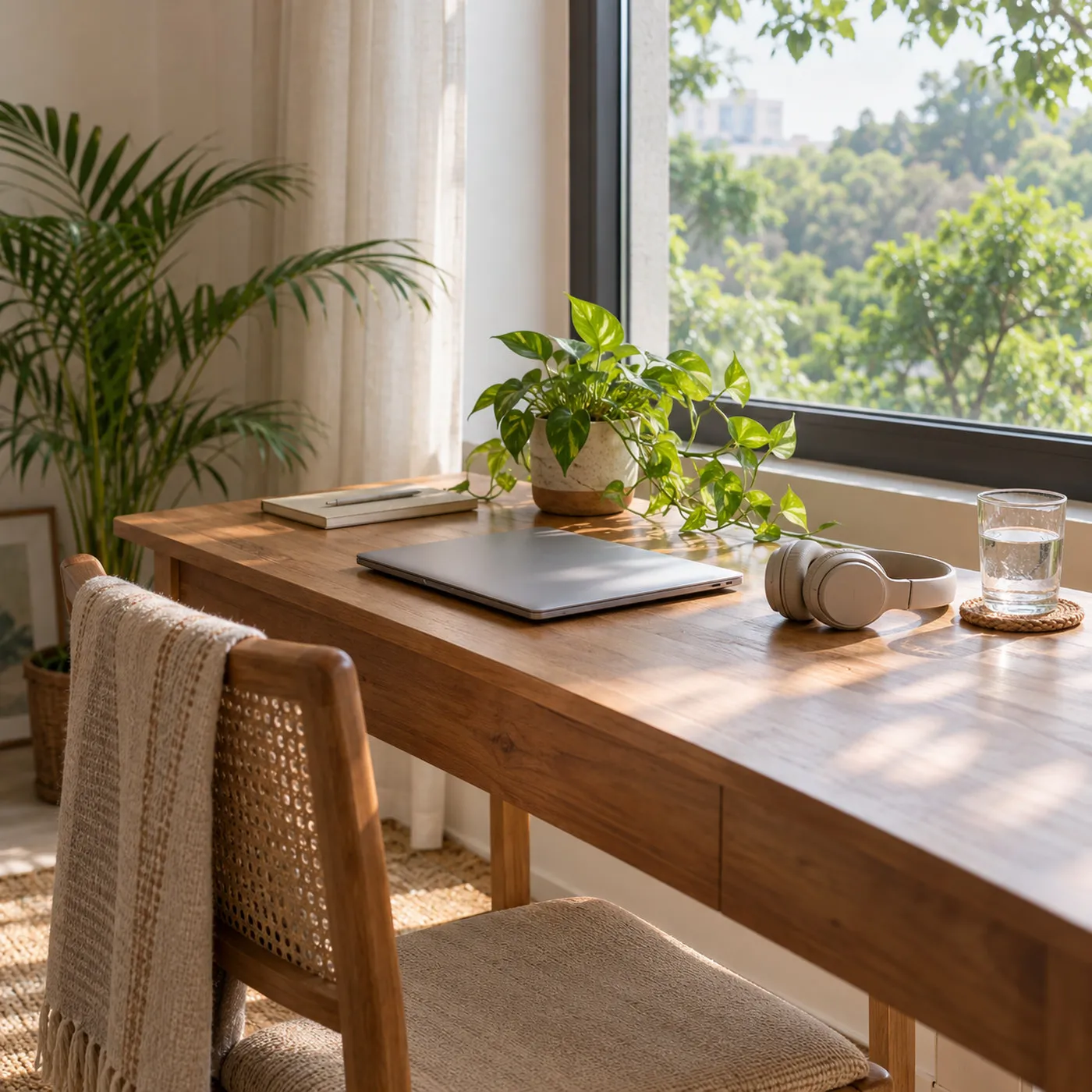 A tidy desk by a window with a closed laptop, headphones and a plant