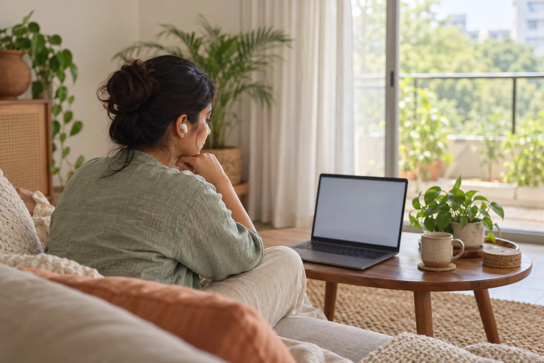 A woman at home on a sofa, joining a session on her laptop