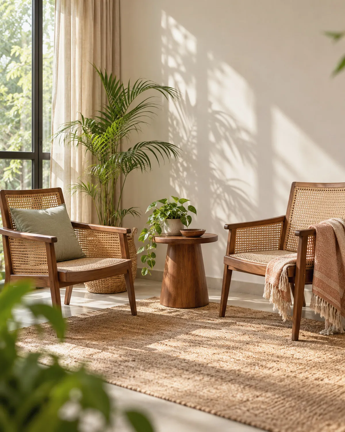 Two empty cane armchairs angled toward each other in soft light