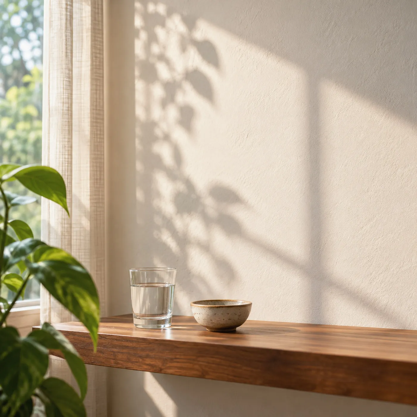 Soft window light and leaf shadows on a warm white wall
