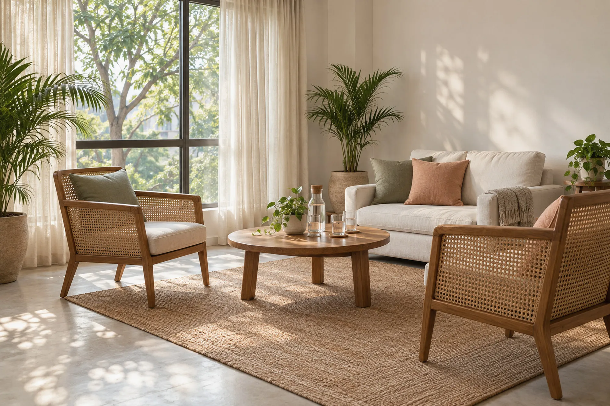 A calm therapy room with cane armchairs, a linen sofa and plants