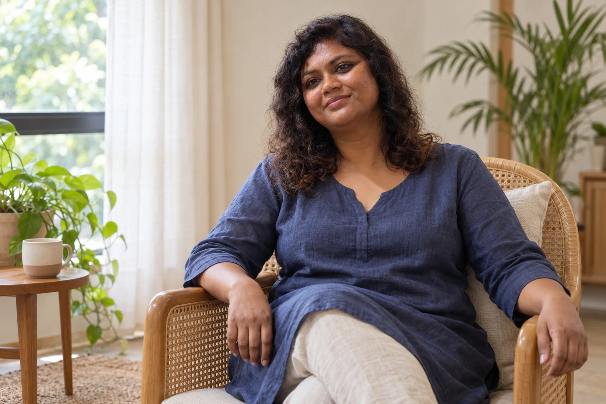 Sammyaka Ambhore seated in an armchair in a bright room